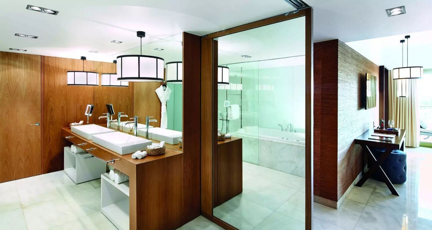 Spacious bathroom with a large mirror