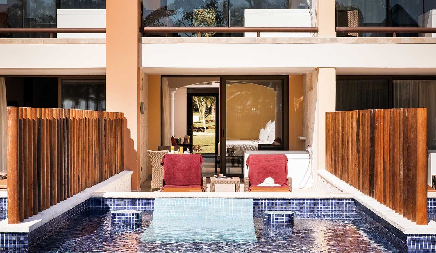 hotel room with a swimming pool