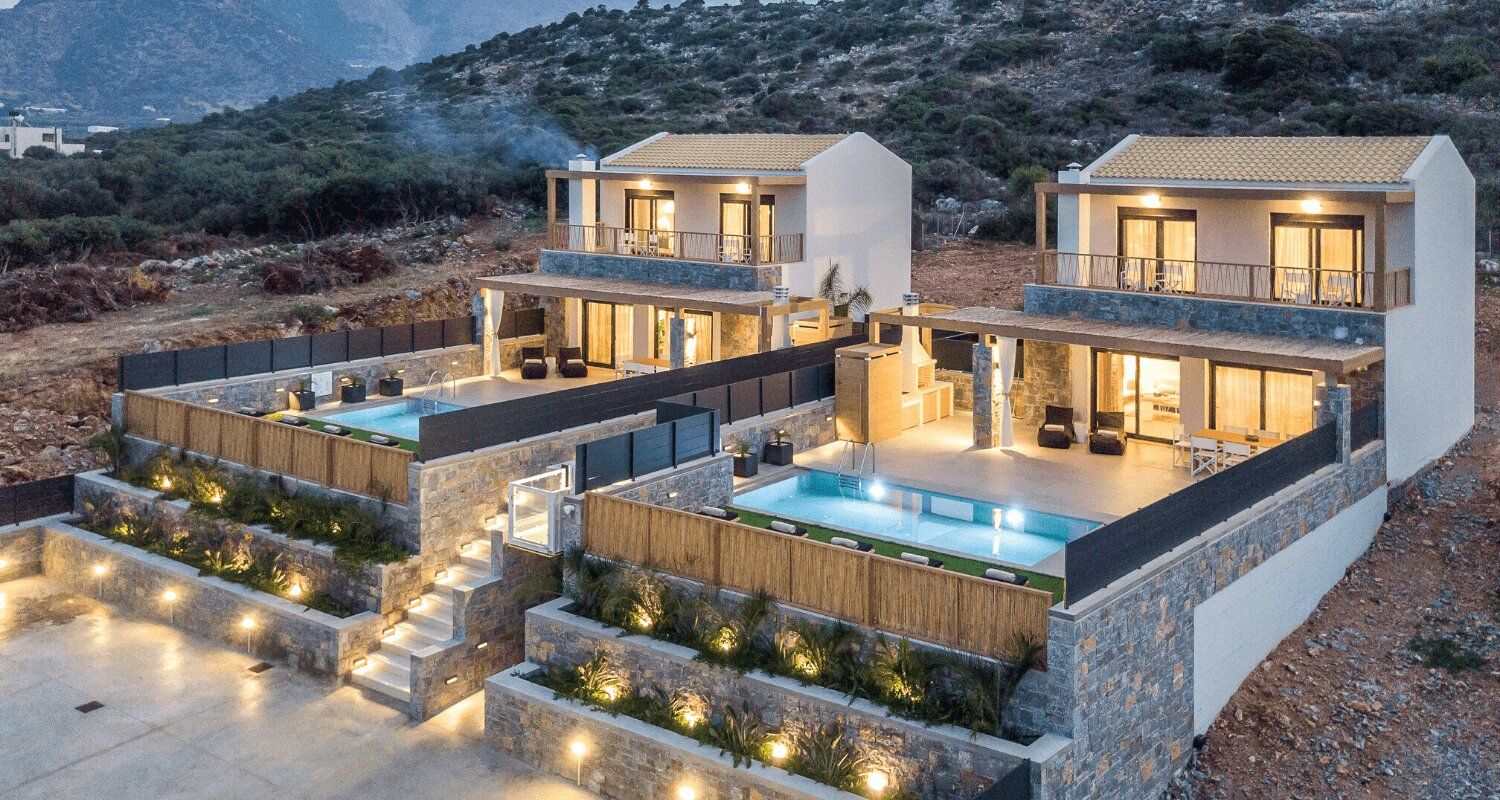 aerial view of the villas and outdoor swimming pools