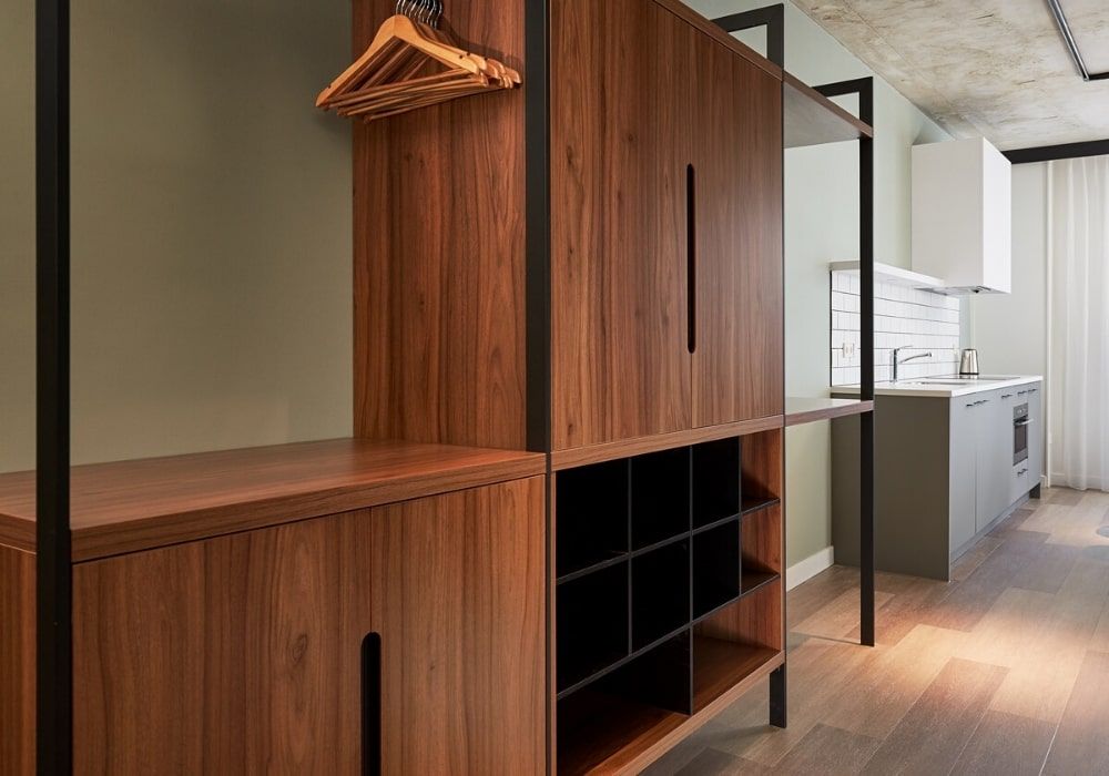 spacious wardrobe with a shoe rack