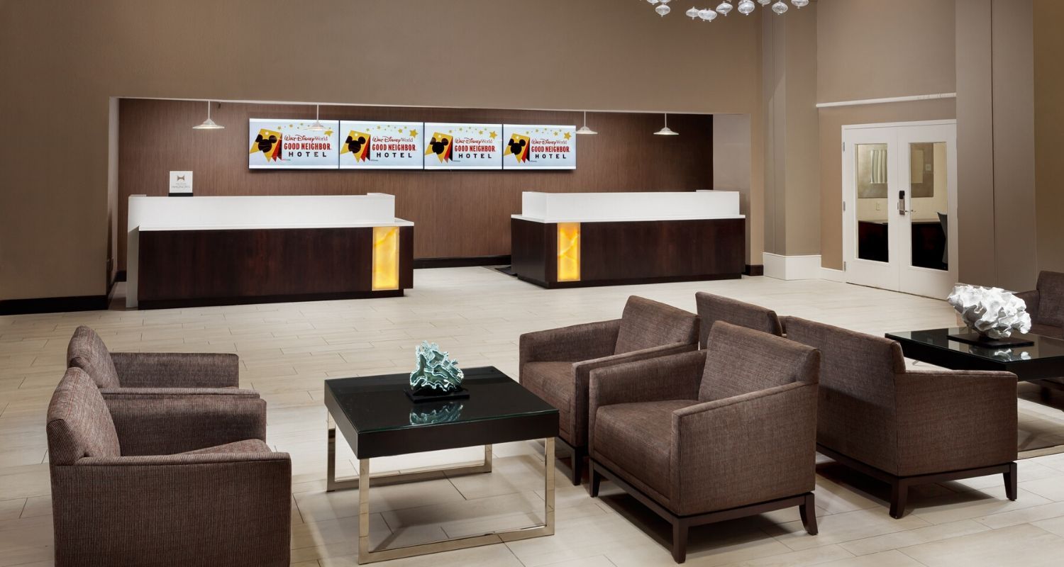 Spacious hotel lobby with seating areas