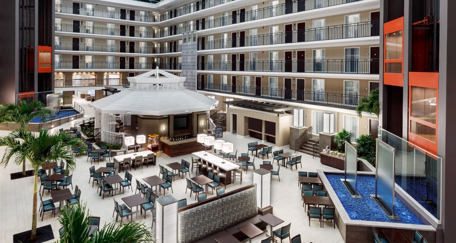 Large indoor complex with seating, a bar and an internet corner