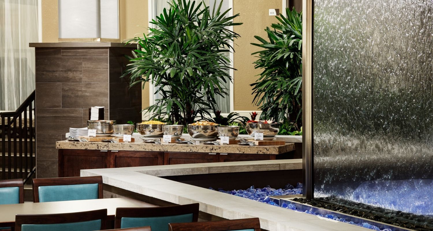 Dining area near buffet food