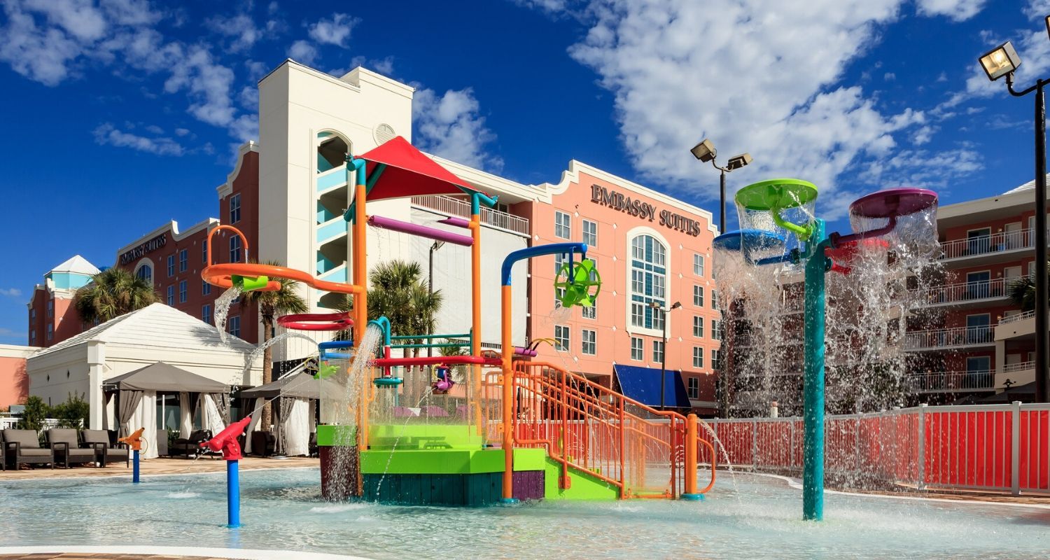Hotel exterior with a kids water play area