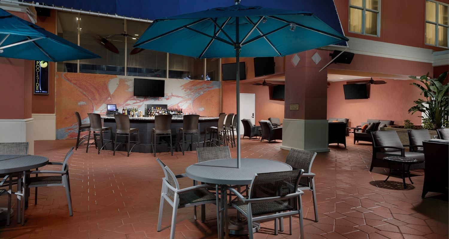 Outdoor seating area with umbrellas