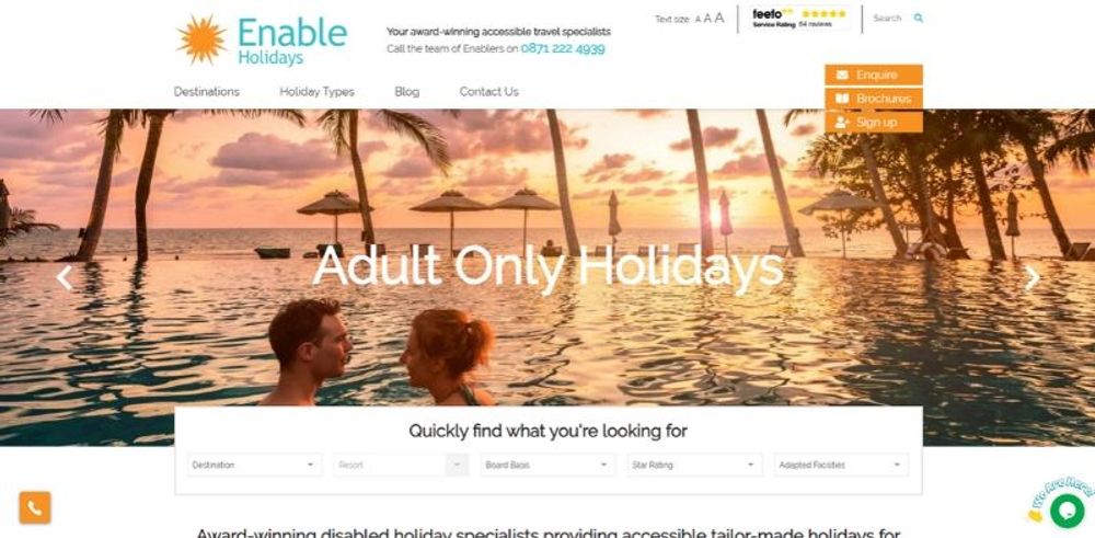 Home screen for enableholidays.com