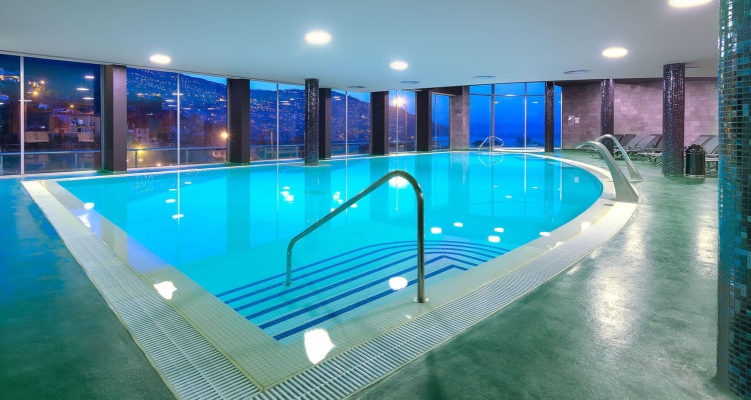 indoor swimming pool at night
