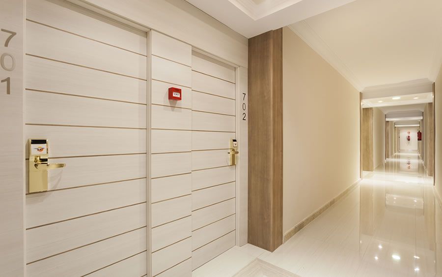 entrance into the hotel room with a key card reader