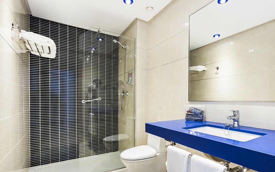 Wide bathroom with a flat floor shower and adaptations for disabled guests.