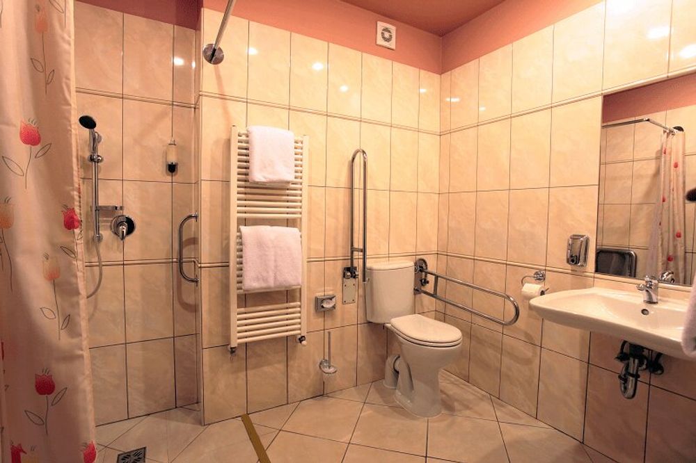 Example of bathroom grab rails at the Hotel Atlantic in Prague, Czech Republic