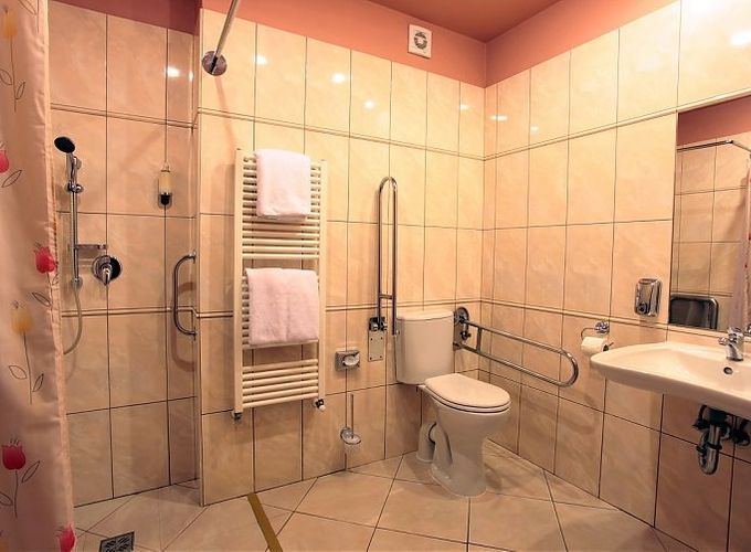 accessible bathroom with a wheel-in shower and grab rails for the toilet