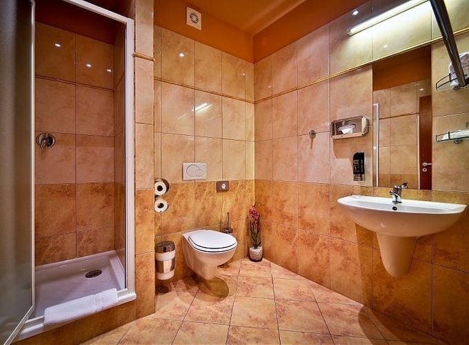 bathroom with a small step into the shower