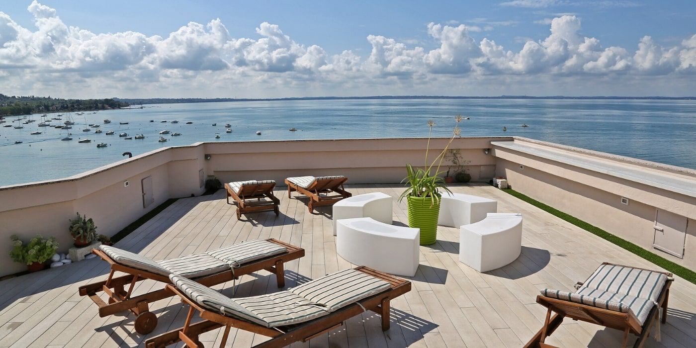 Rooftop balcony terrace at Hotel Kriss overlooking Lake Garda