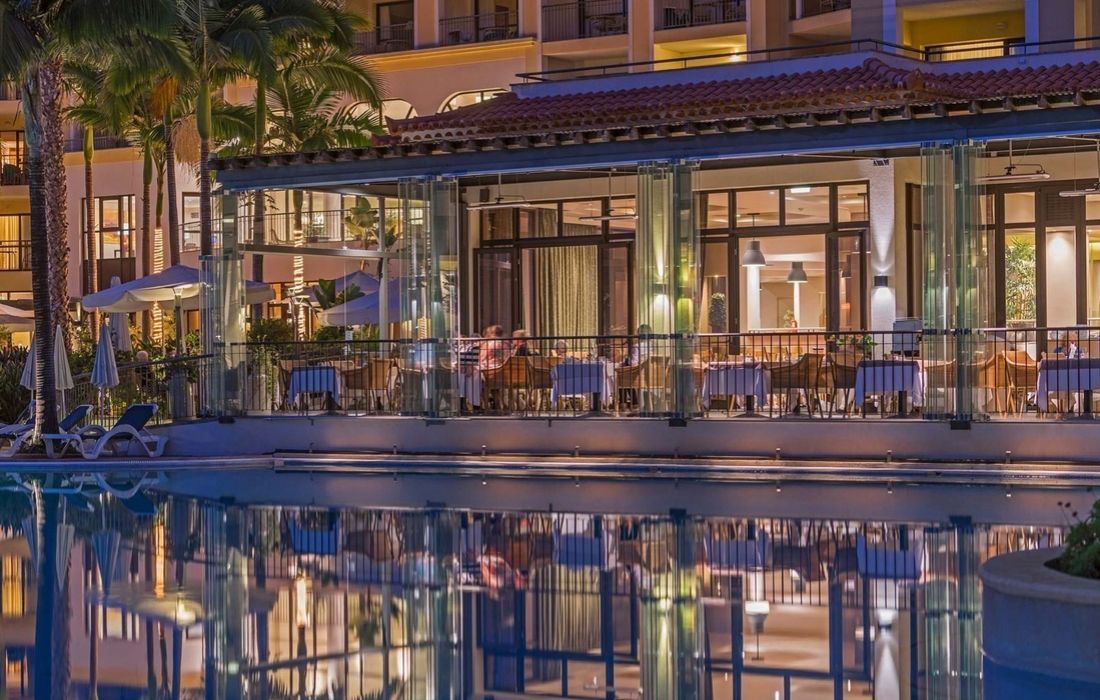 Outdoor poolside dining area