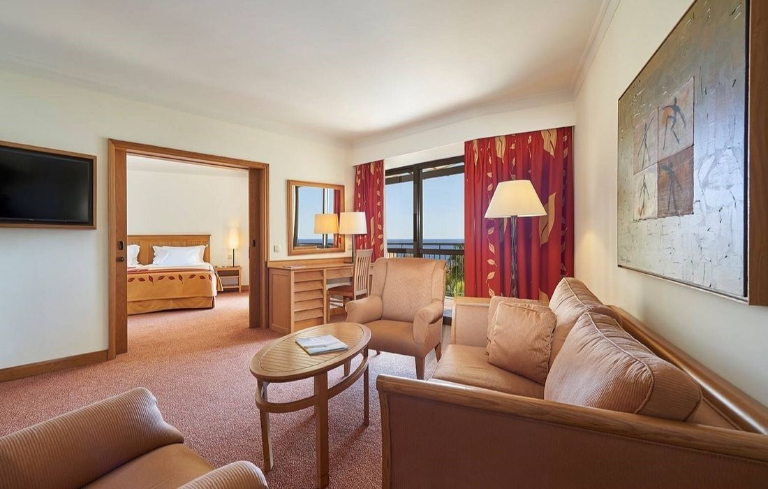 spacious hotel room lounge area