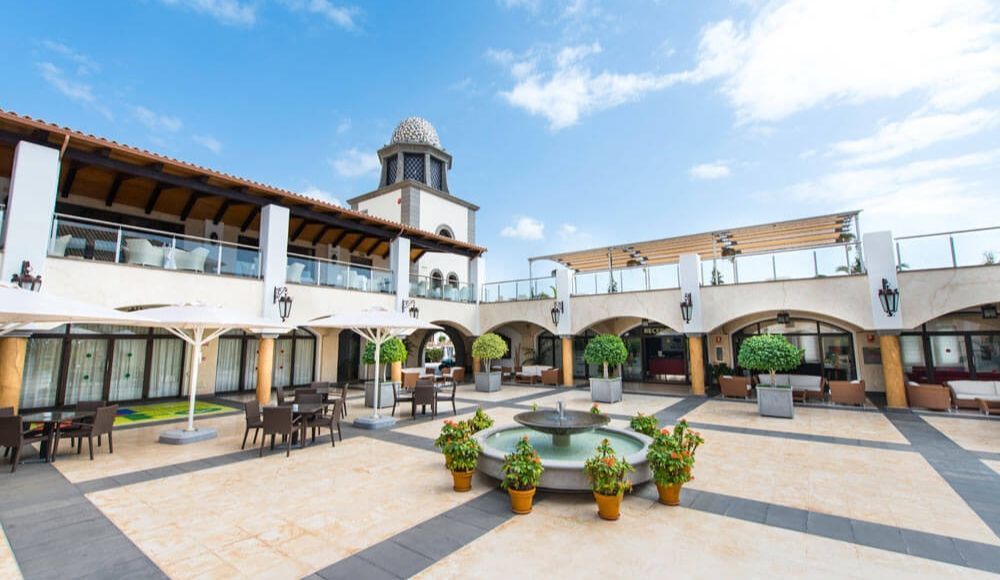 spacious courtyard with a water fountain