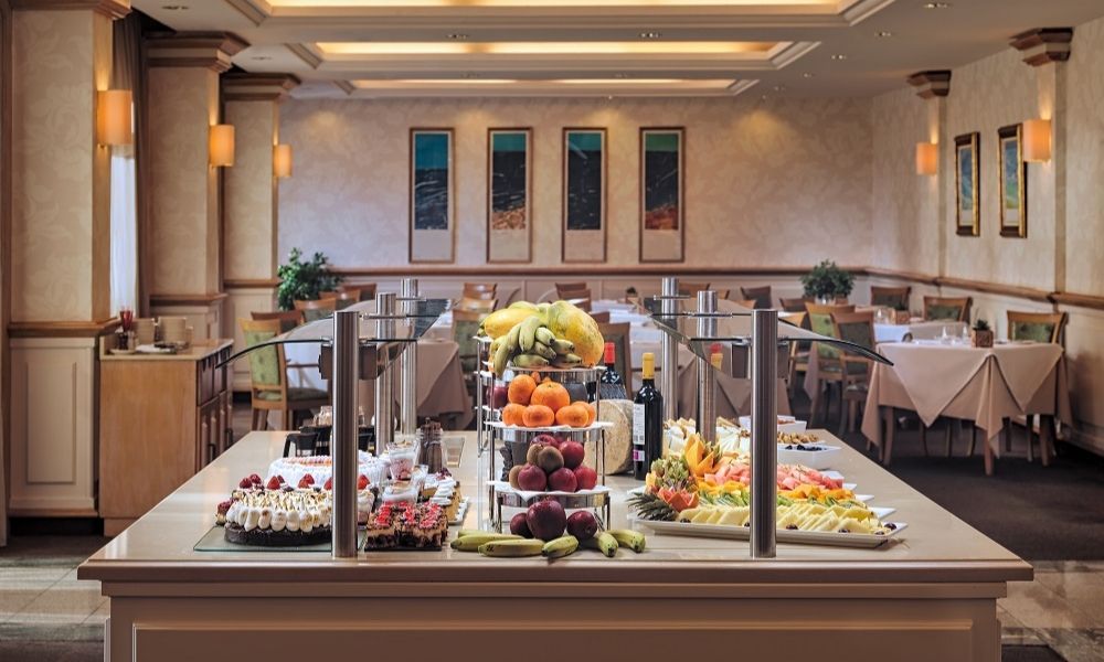 buffet restaurant with selections of fruit and sugary dessert