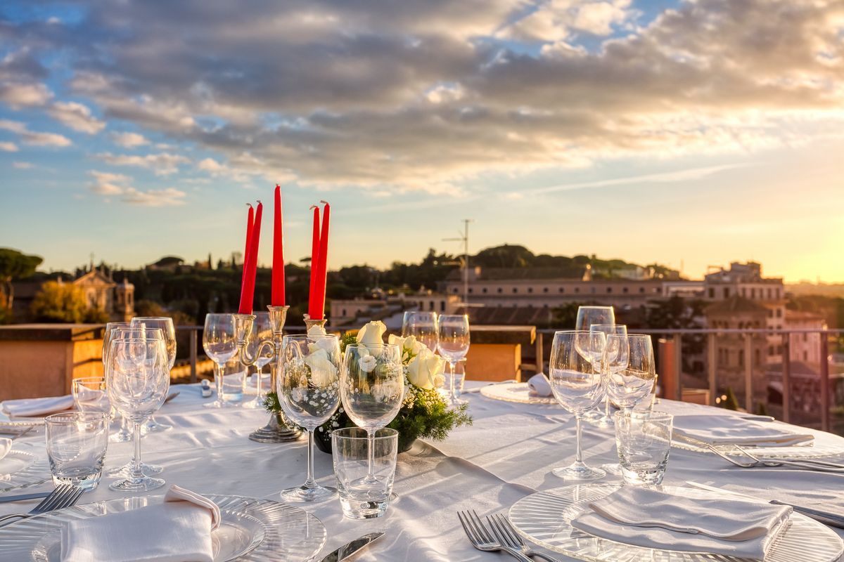 rooftop dining table at sunset