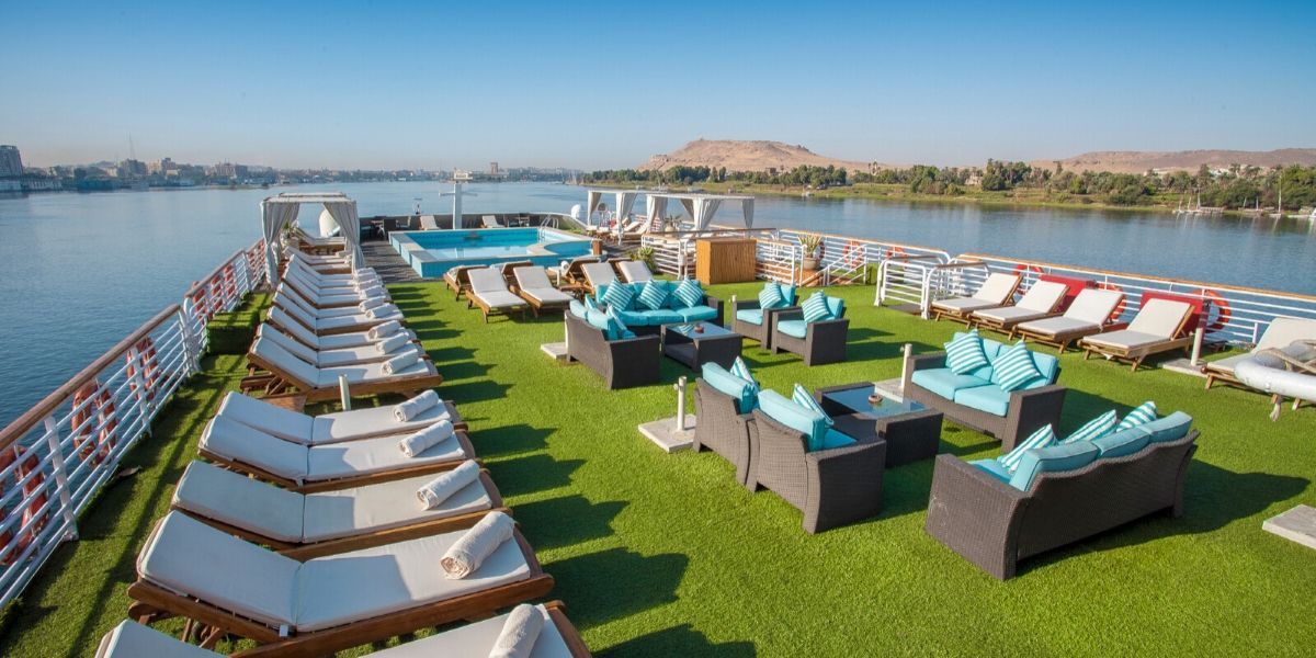 sunbeds surrounding the deck