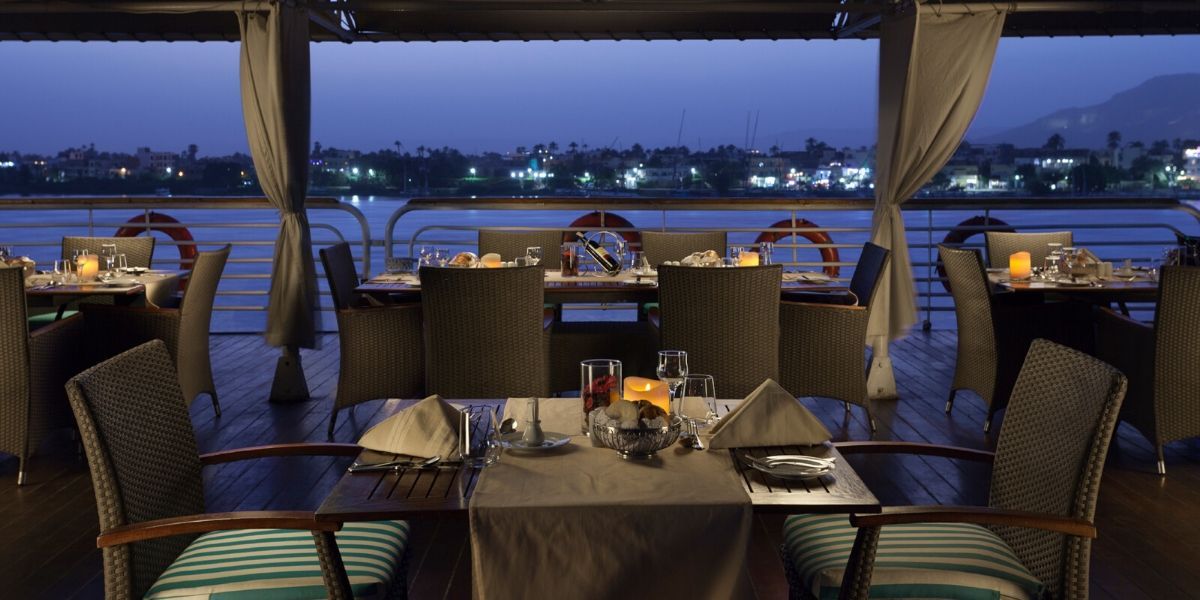 indoor restaurant and dining area at night