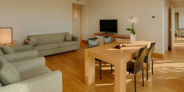 spacious living room in the hotel suite