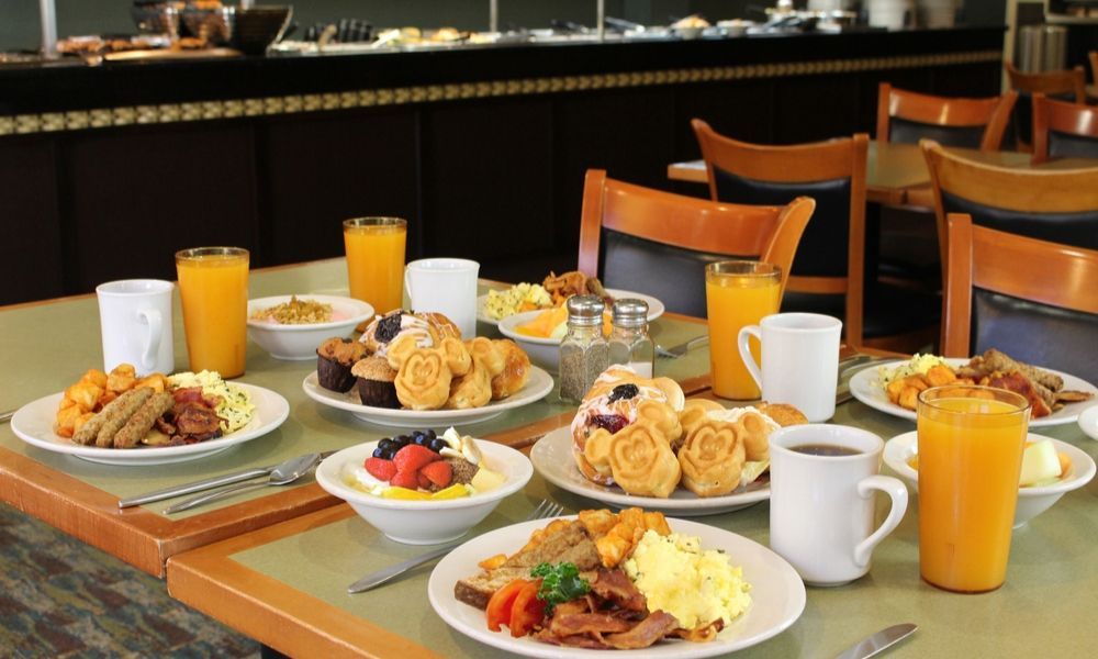 breakfast spread with several delicious treats
