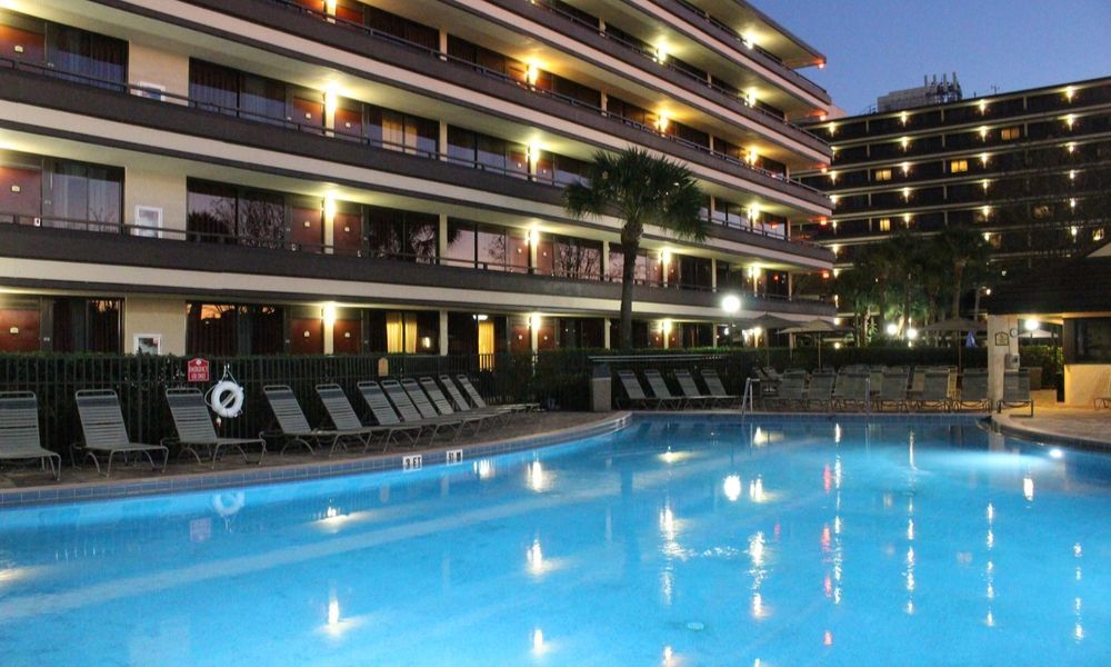 outdoor swimming pool at night