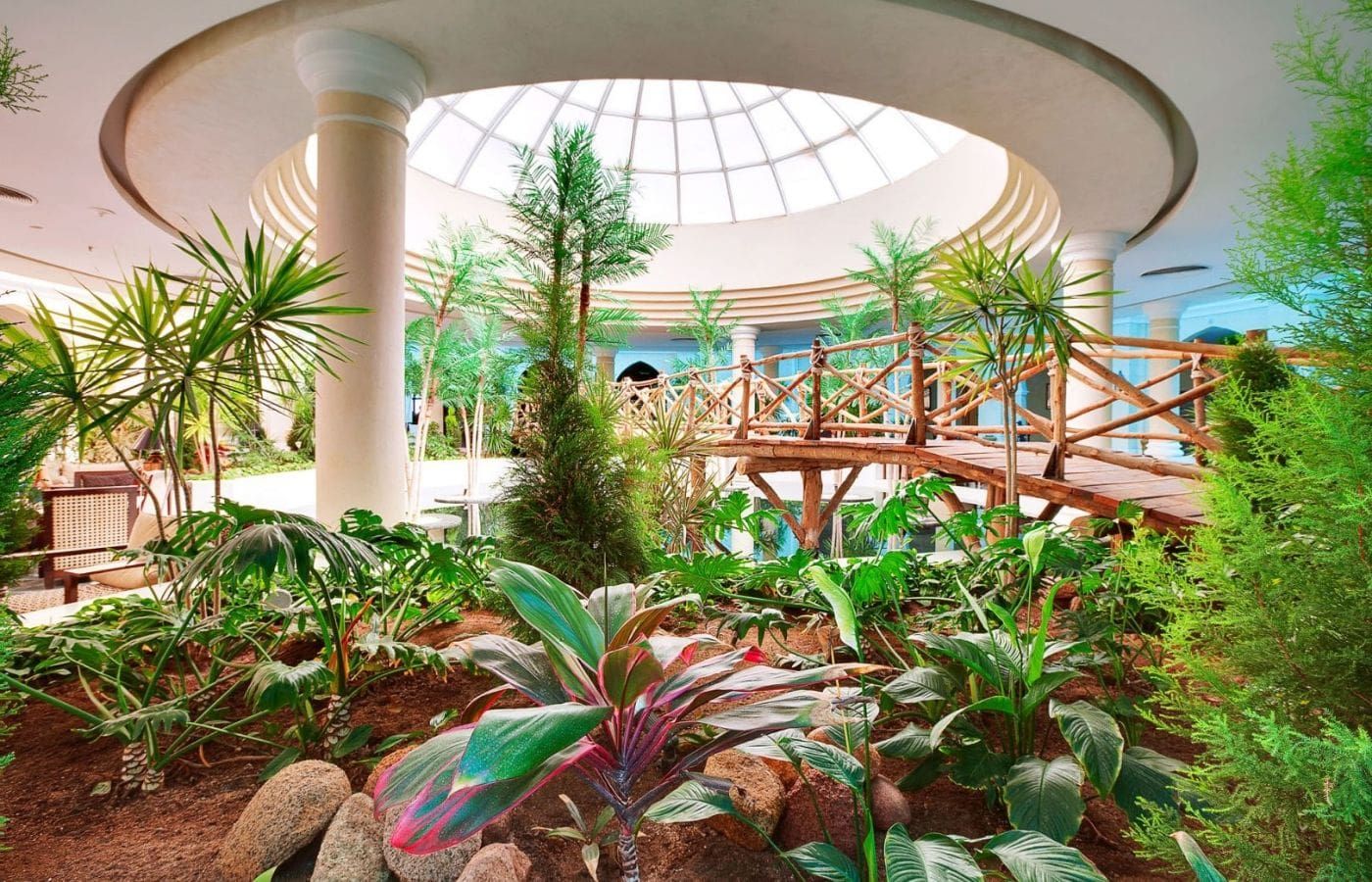 indoor garden area with a bridge